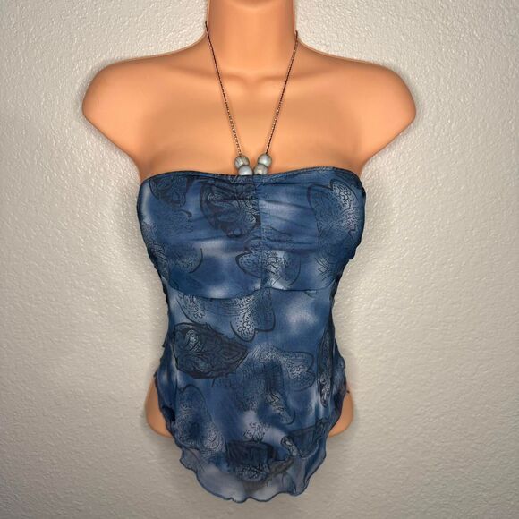 Blue and navy mesh tube top with butterfly print - Picture 1 of 4
